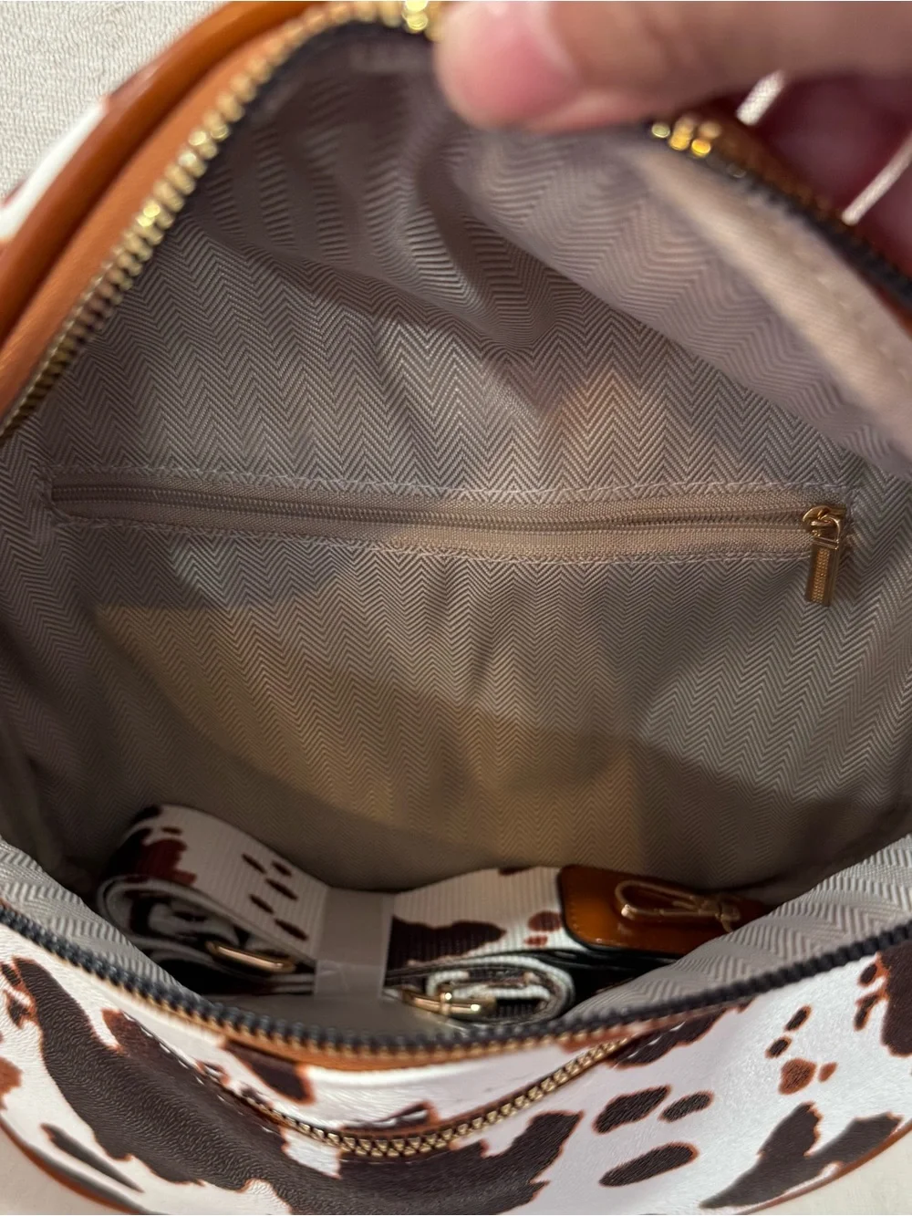 New Cowhide-Print Brown and White Crossbody Bag with Gold Hardware